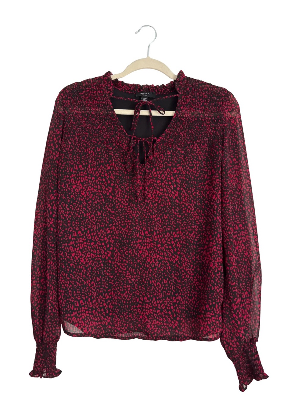 Haver London Red-Black Printed V-Neck Blouse with Smocked Cuffs